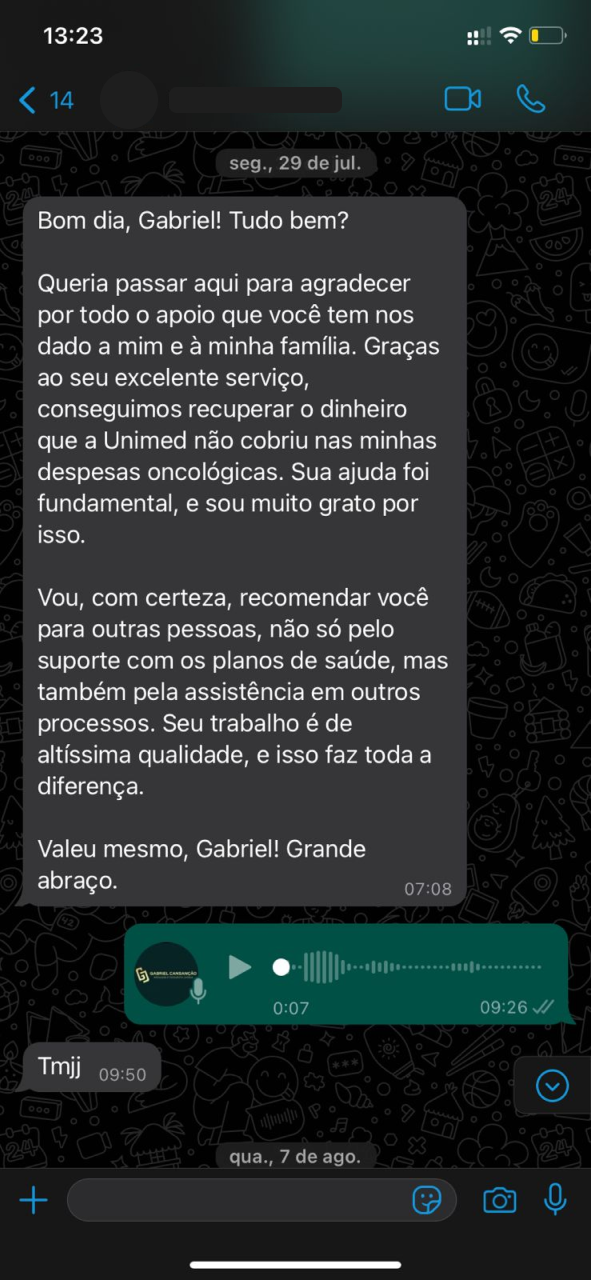 Mensagem de cliente agradecendo a recuperação de despesas não cobertas pela operadora